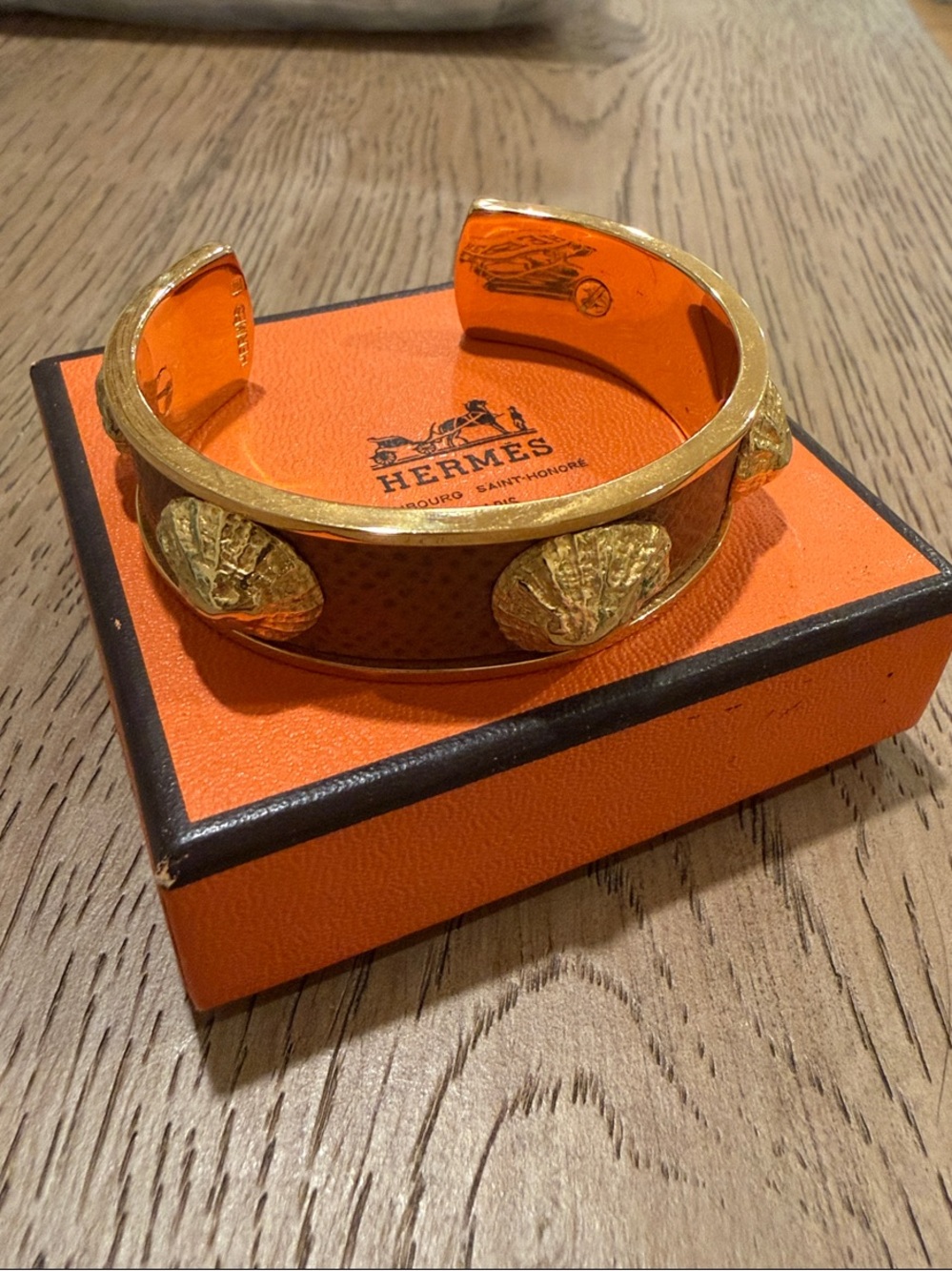 Hermes Leather Bangle Cuff with Seashell Charms Motif Gold Brown with Box
